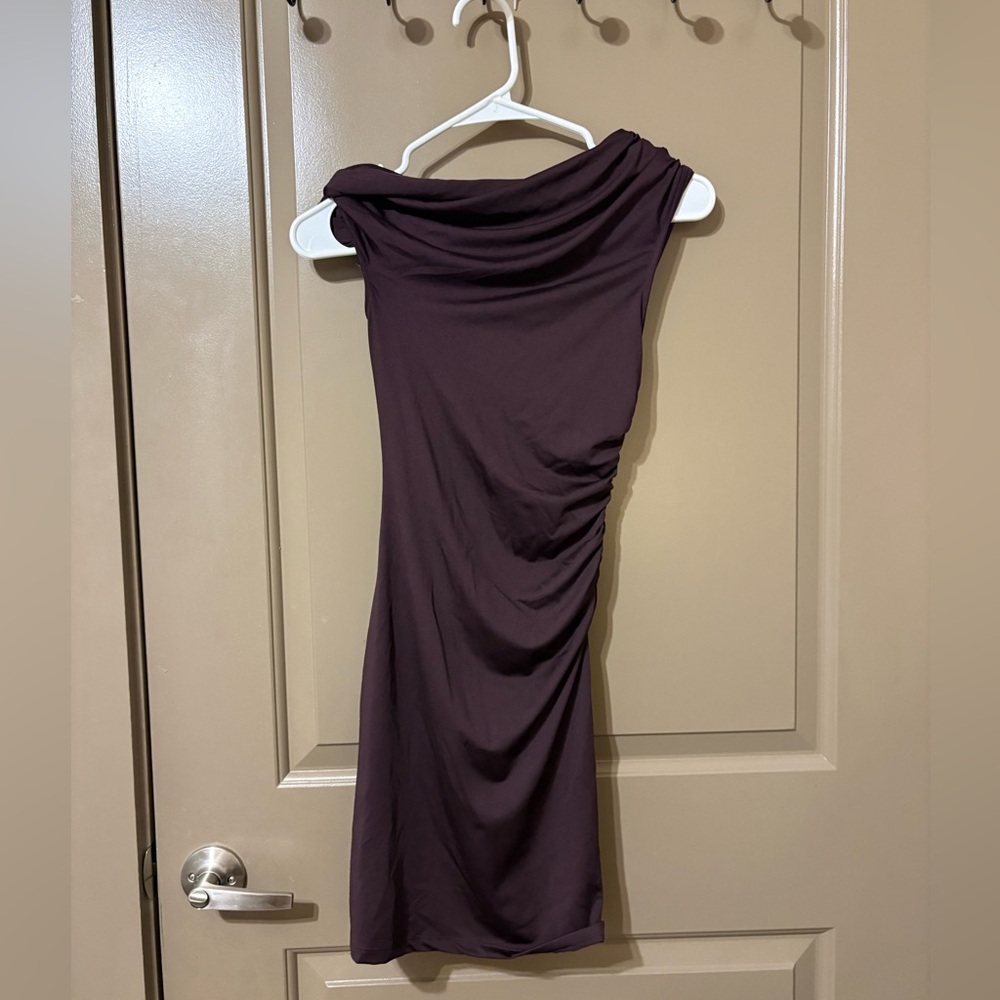 H&M plum cowl neck mini dress off shoulder